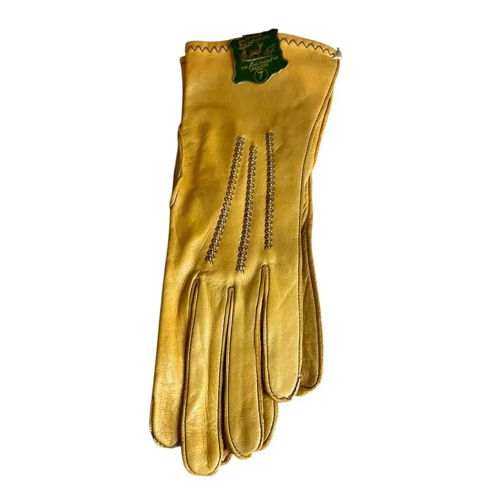 Vintage Genuine Deerskin Ladies Leather Gloves Contrast Stitch